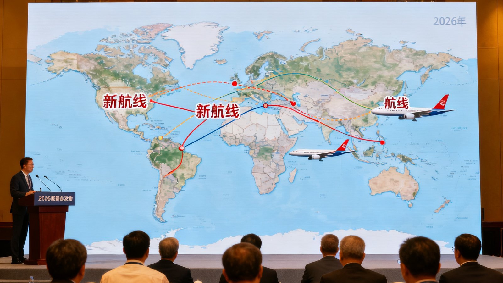 2026年新航季发布会上，大屏幕展示多条新航线地图，与会嘉宾专注聆听