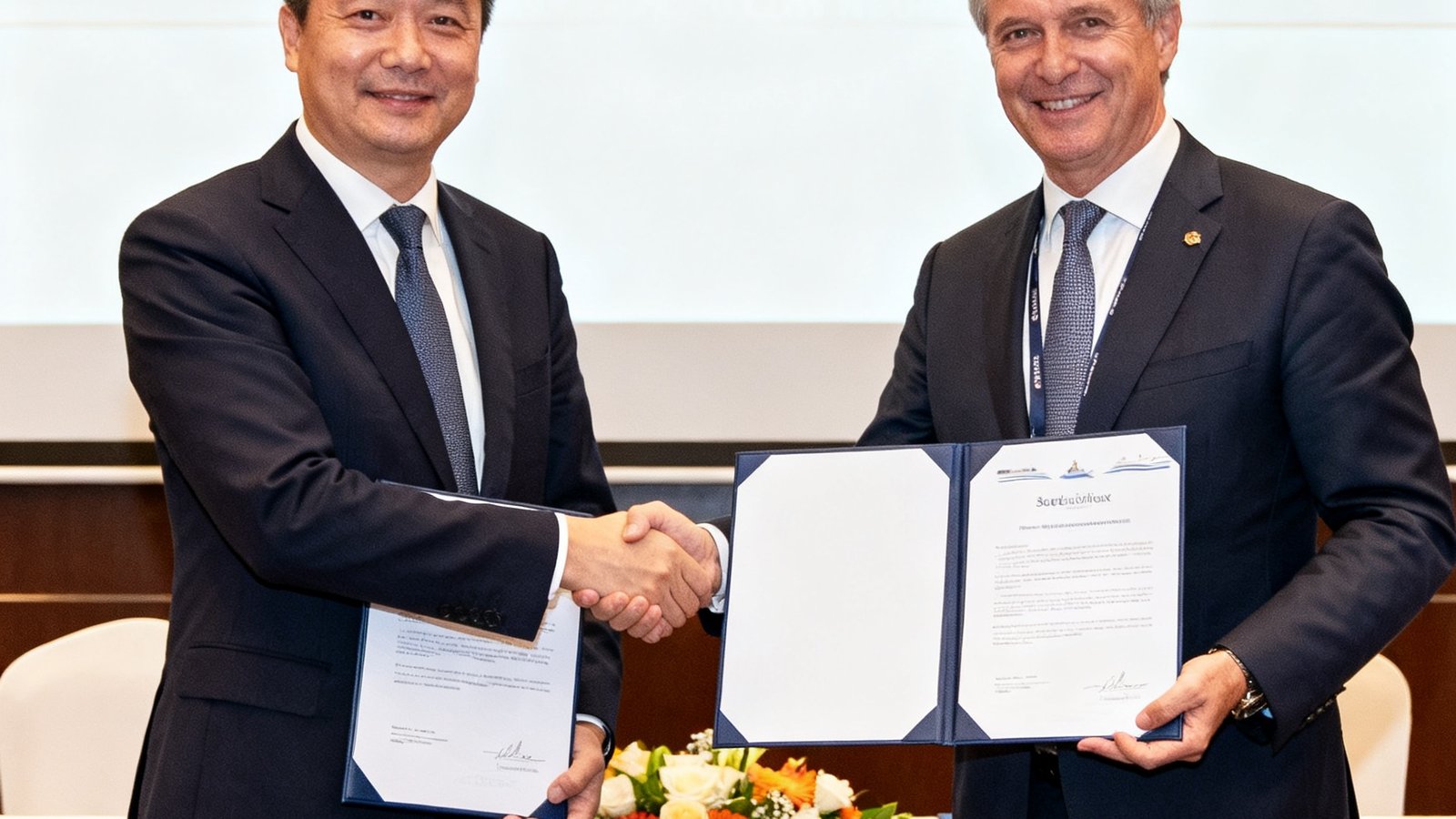 签约仪式现场，玖鼎代表与地中海邮轮高管握手并交换合作协议文件