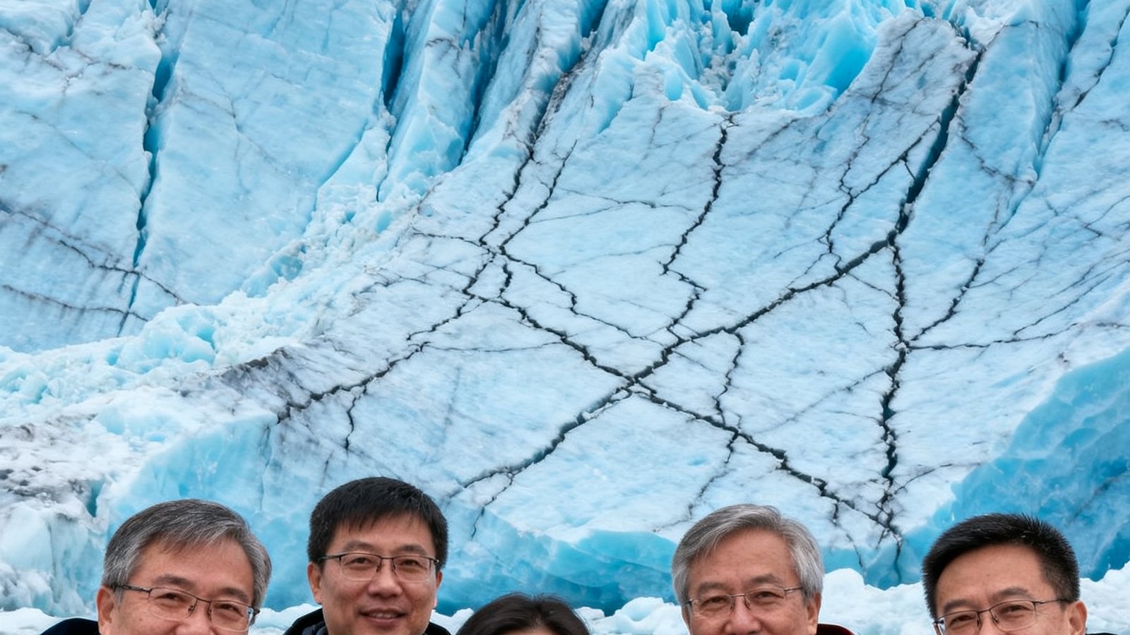 玖鼎考察团队成员在阿拉斯加冰川前合影，身着防风外套，背景是壮观的蓝色冰川