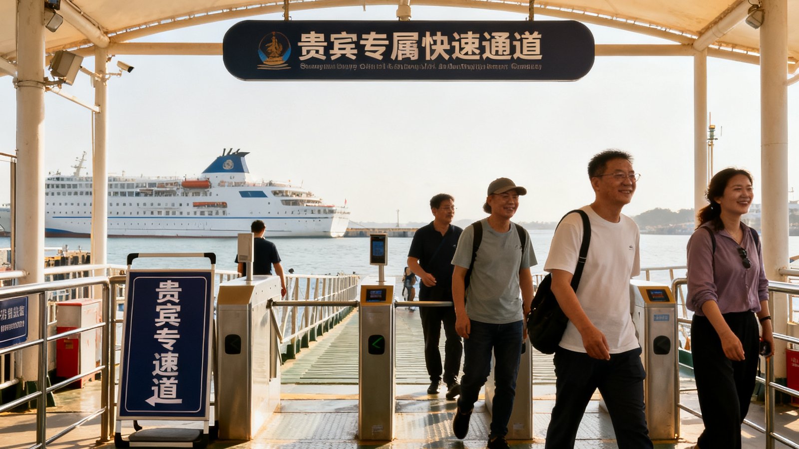 开阔的邮轮码头登船口，设有贵宾专属快速通道标识，几位旅客无需排队直接通行