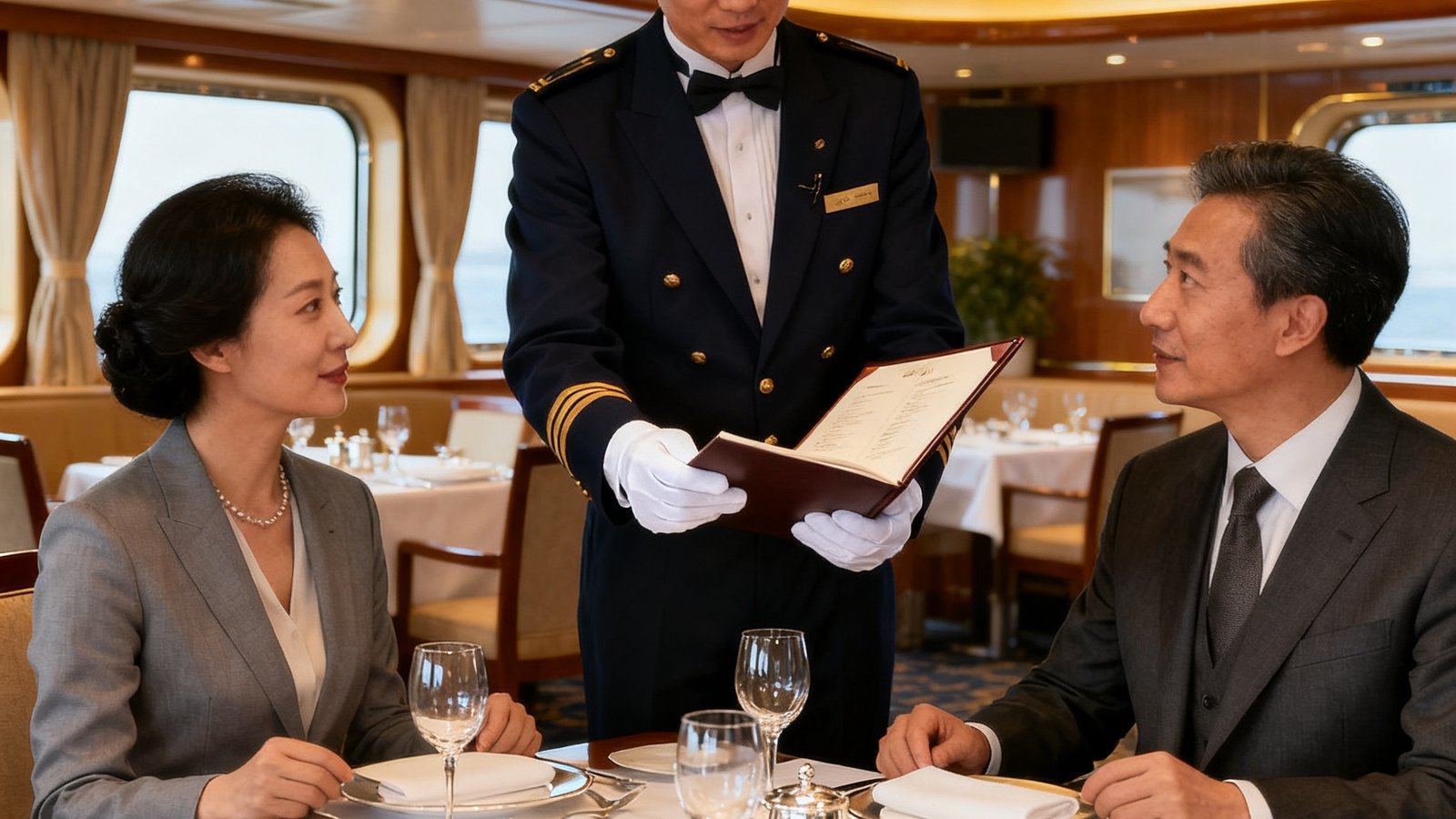 邮轮主餐厅内，中文管家身着优雅制服，正为桌前贵宾介绍菜单并协助点餐