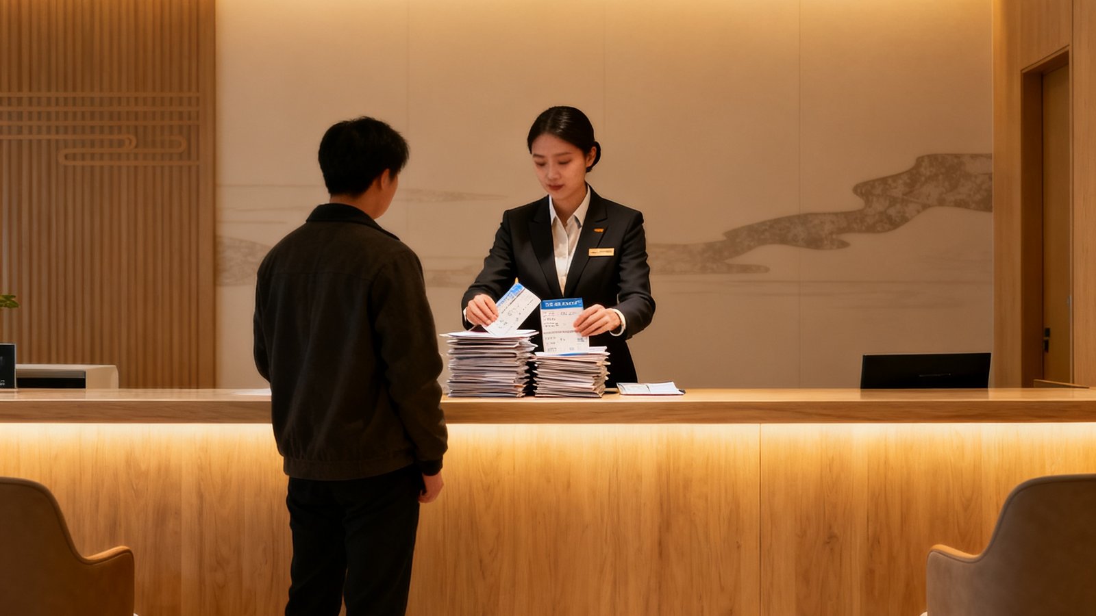 玖鼎贵宾厅服务柜台，工作人员正在帮助旅客整理签证文件和行程单